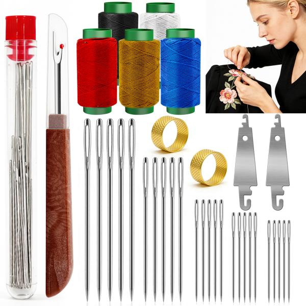 JUNCHONG Sewing Set 36Pcs Sewing Tool Set, Big Eye Steel Sewing Needles Kit with 25 Needles & Seam Ripper, Beginner Sewing Work Set