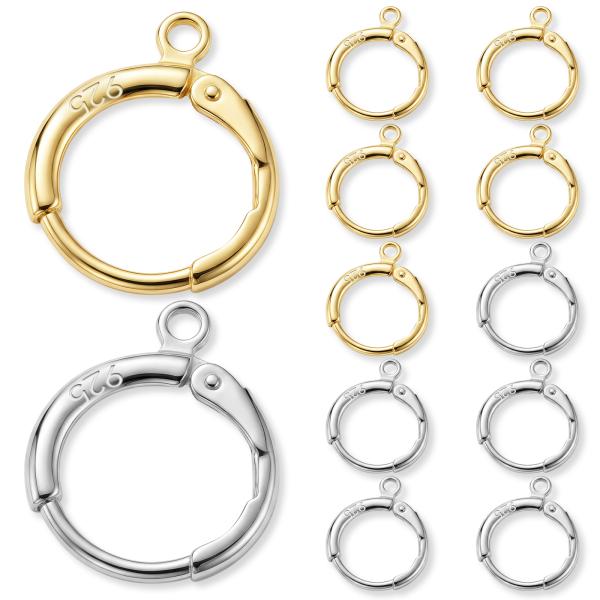 JUNCHONG 12Pcs Earring Hooks, Round Small Huggie Hoop with Loop Ear Leverback Hooks, Hypoallergenic 14mmx2mm Earring Findings for Jewelry Making, Gold+Silver