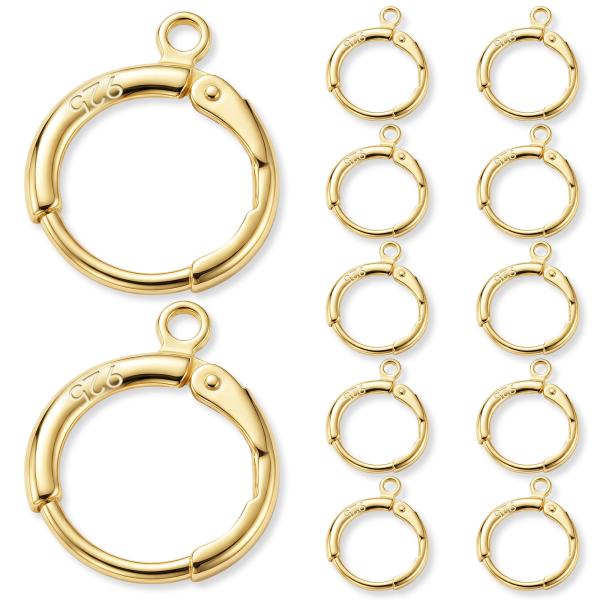 JUNCHONG 12Pcs Earring Hooks, Round Small Huggie Hoop with Loop Ear Leverback Hooks, Hypoallergenic 14mmx2mm Earring Findings for Jewelry Making, Gold