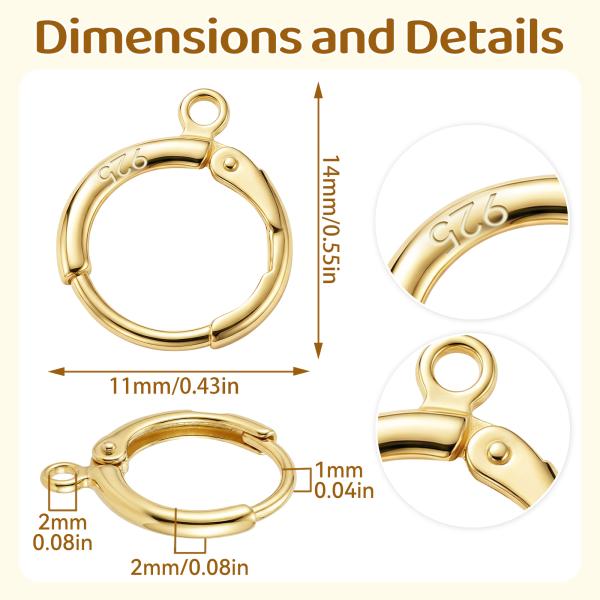 JUNCHONG 12Pcs Earring Hooks, Round Small Huggie Hoop with Loop Ear Leverback Hooks, Hypoallergenic 14mmx2mm Earring Findings for Jewelry Making, Gold+Silver