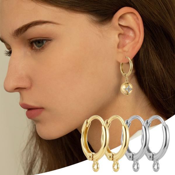 JUNCHONG 12Pcs Earring Hooks, Round Small Huggie Hoop with Loop Ear Leverback Hooks, Hypoallergenic 14mmx2mm Earring Findings for Jewelry Making, Gold+Silver