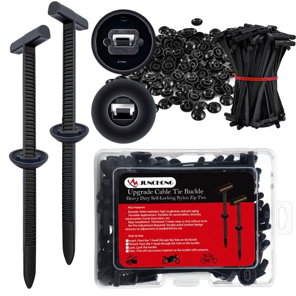 JUNCHONG Upgrade Cable Tie Buckle, Heavy Duty Self-Locking Nylon Zip Ties, Universal Zipper Clip Retainer for Car Repair, Office, Workshop & Shelves, Black-30Pcs
