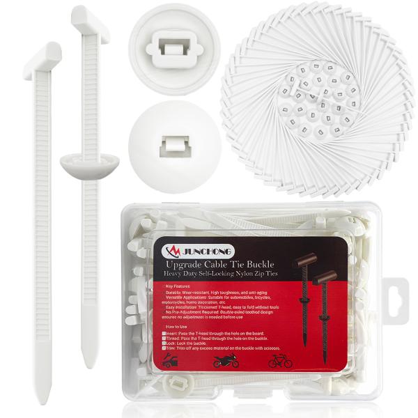 JUNCHONG Upgrade Cable Tie Buckle, Heavy Duty Self-Locking Nylon Zip Ties, Universal Zipper Clip Retainer for Car Repair, Office, Workshop & Shelves, White-30pcs